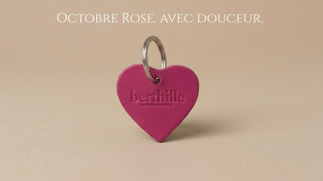 Porte-clés cœur en cuir rose et magenta gravés Berthille Maison Française, Octobre Rose