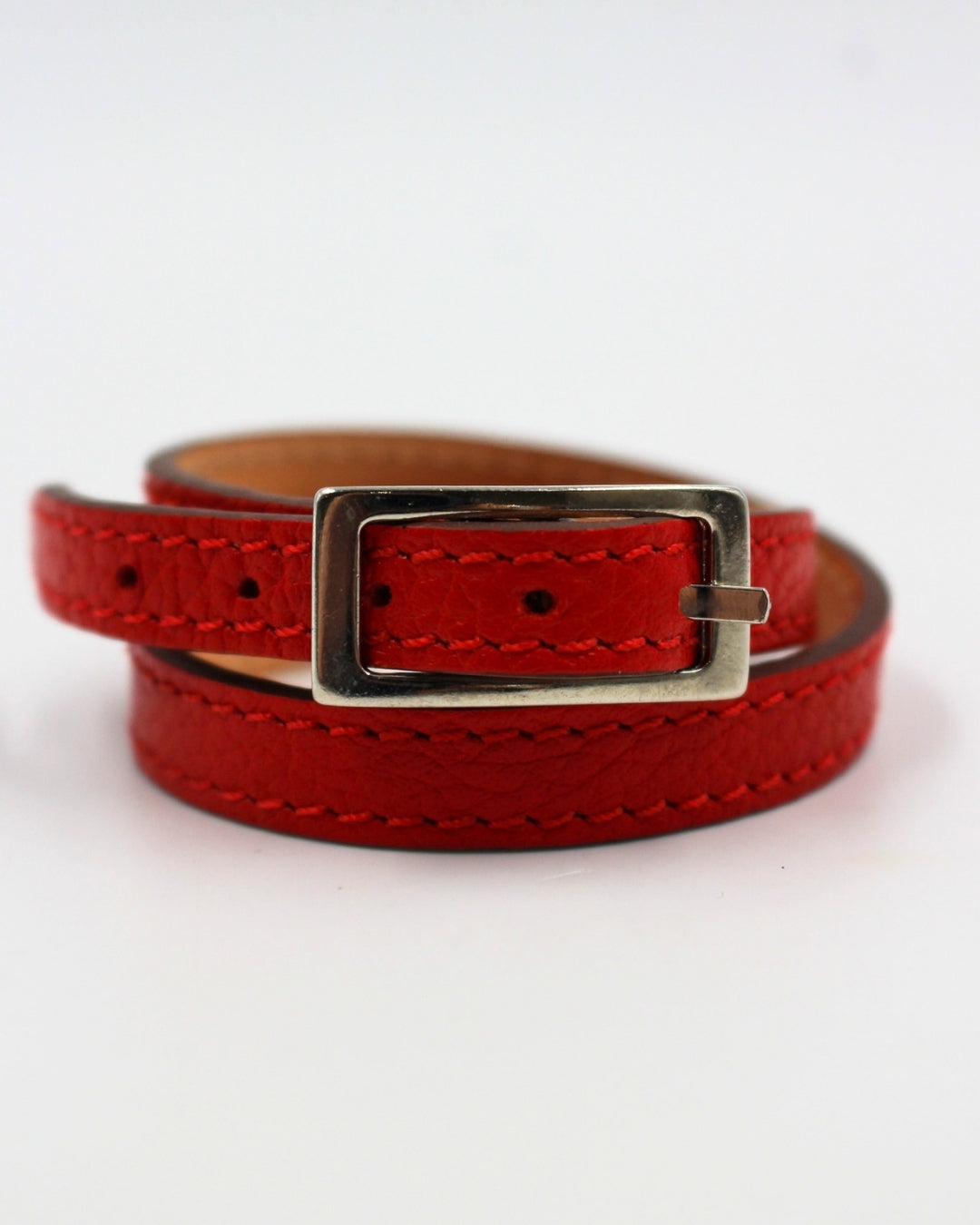 Bracelet double tour cuir rouge coqueliquot bijouterie argentée fait main