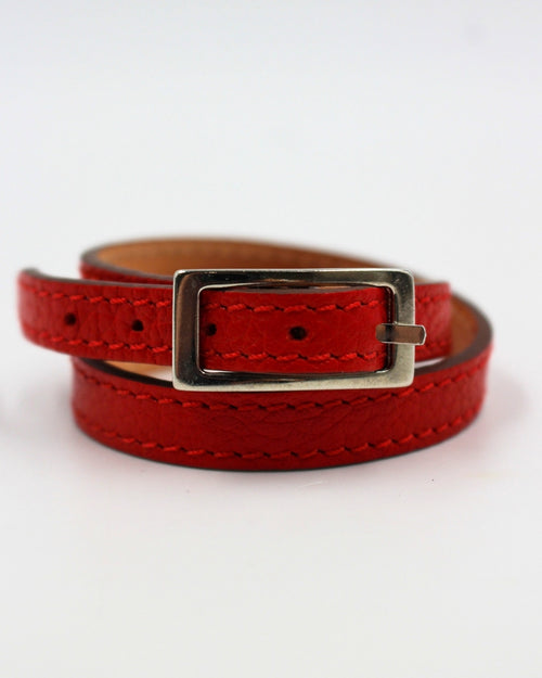 Bracelet double tour cuir rouge coqueliquot bijouterie argentée fait main