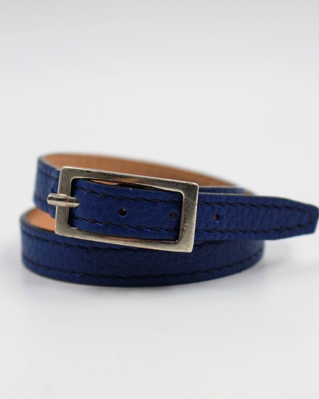 Bracelet double tour cuir vachette bleu lapiz bijouterie argentée Berthille