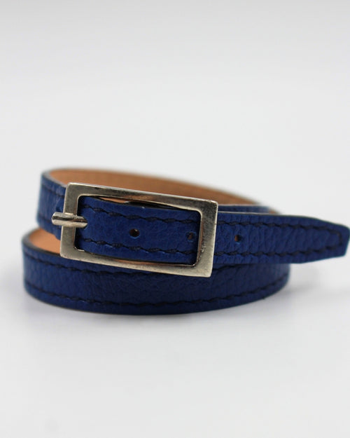 Bracelet double tour cuir vachette bleu lapiz bijouterie argentée Berthille